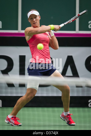 Australia's Samantha Stosur (left) lost 1st round Fed Cup match against Petra Kvitova Czech Republic vs Australia in Ostrava Stock Photo