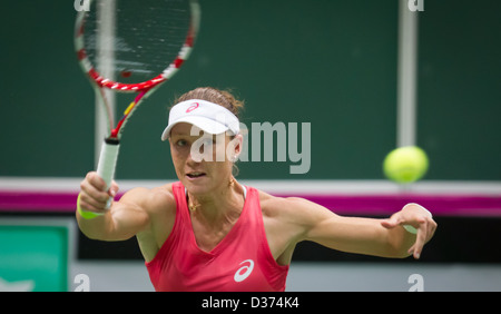 Australia's Samantha Stosur (left) lost 1st round Fed Cup match against Petra Kvitova Czech Republic vs Australia in Ostrava Stock Photo