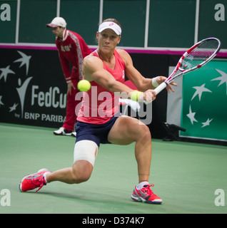 Australia's Samantha Stosur (left) lost 1st round Fed Cup match against Petra Kvitova Czech Republic vs Australia in Ostrava Stock Photo