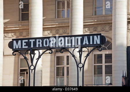 Sign for the Bourse Metro station (aka Exchange) with Euronext Paris, fka Bourse de Paris, the Paris Stock Exchange in the background. Stock Photo