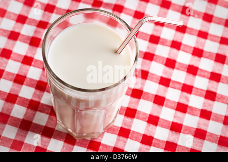 the glass of milk on checkered tablecloth Stock Photo
