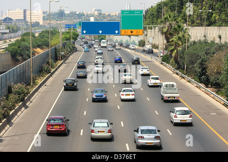 Traffic flow on freeway during rush hour in Tel Aviv, Israel. Stock Photo