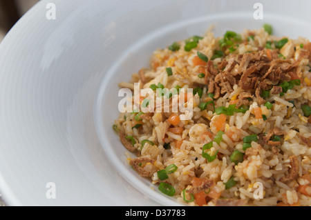 Chicken fried rice with chili and crispy fried onions served in a white bowl Stock Photo
