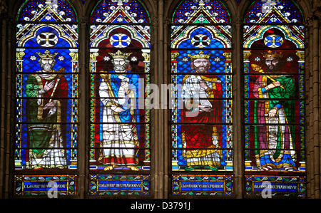 Medieval Gothic stained glass window showing the Kings of France. The Cathedral Basilica of Saint Denis Paris France Stock Photo