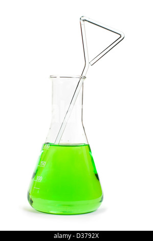 Laboratory beakers filled with green color liquid substances Stock Photo