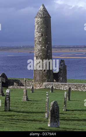 Clonmacnoise Monastery, Round Tower and Shannon River, Co Offaly, Ireland Stock Photo