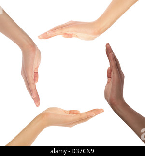 Conceptual symbol of multiracial human hands making a circle on white background with a copy space in the middle Stock Photo