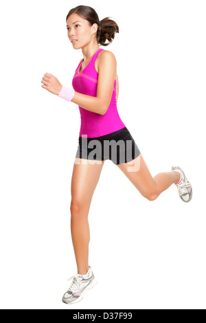 Beautiful mixed race Asian Caucasian female runner in sporty pink fitness outfit jogging isolated on white background Stock Photo