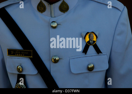 Detail of Royal Palace guard's uniform w/ King Norodom Sihanouk memorial pin. Phnom Penh, Cambodia. credit: Kraig Lieb Stock Photo