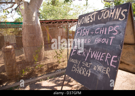 Honest John's barramundi fish and chips are indeed worth talking about, Wyndham, East Kimberley region, Western Australia. Stock Photo