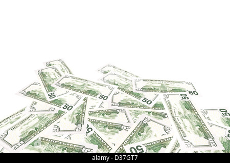 A stack of fifty 50 dollar bills fanned out with the back US Capitol showing on a white background Stock Photo
