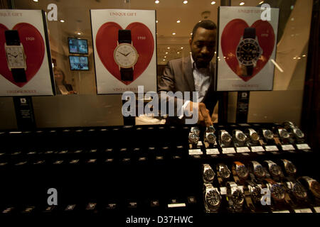 London, UK. 12th February 2013.  A watchmaker's storefront in Piccadilly is decorated  with hearts ahead of Valentine's day on February 14th. � amer ghazzal / Alamy Live News Stock Photo