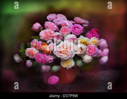 A bowl of flowers for the home showing different varieties from the rose garden  a photograph made to look like a painting Stock Photo