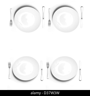Knives and forks silverware with white plates on white background Stock Photo