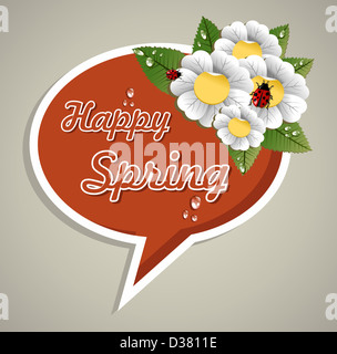 Happy spring social speech bubble with flowers, leaves and beetle. Vector file layered for easy manipulation and custom coloring. Stock Photo