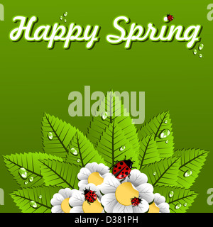 Happy Spring flowers, leaves and ladybug background. Vector file layered for easy manipulation and custom coloring. Stock Photo