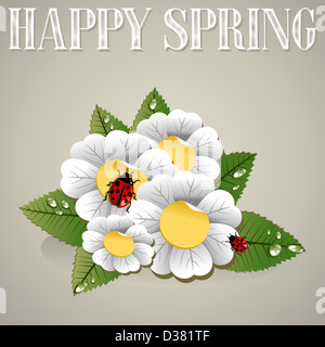 Happy spring composition with flowers, leaves and beetle. Vector file layered for easy manipulation and custom coloring. Stock Photo