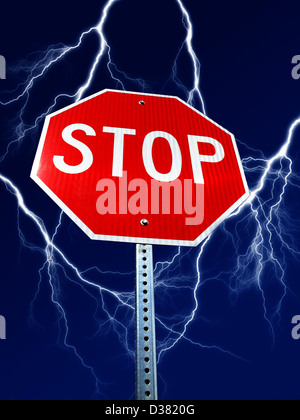 Stop sign with bolts of lightning in background in sky Stock Photo