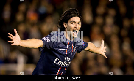 Valencia, Spain. 12th February 2013. Midfielder Javier Pastore celebrates after scoring the second goal for PSG  during the Champions League game between Valencia and Paris Saint Germain from the Mestalla Stadium.Credit: Action Plus Sports Images / Alamy Live News Stock Photo