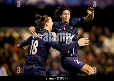 Valencia, Spain. 12th February 2013. Midfielder Javier Pastore (R) celebrates with Forward Zlatan Ibrahimovic after scoring the second goal for PSG  during the Champions League game between Valencia and Paris Saint Germain from the Mestalla Stadium.Credit: Action Plus Sports Images / Alamy Live News Stock Photo