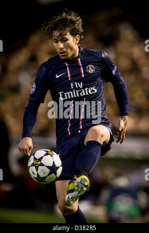 Valencia, Spain. 12th February 2013. Defender Maxwell controls the ball during the Champions League game between Valencia and Paris Saint Germain from the Mestalla Stadium.Credit: Action Plus Sports Images / Alamy Live News Stock Photo