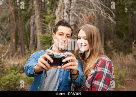 USA, Utah, Salt Lake City, young couple self photographing in non-urban scene Stock Photo