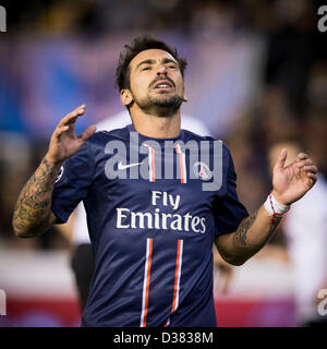 Valencia, Spain. 12th February 2013. Forward Ezequiel Lavezzi gestures  during the Champions League game between Valencia and Paris Saint Germain from the Mestalla Stadium.Credit: Action Plus Sports Images / Alamy Live News Stock Photo