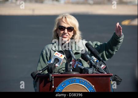 Tucson, Arizona, USA. 12th February 2013.  Gov. JAN BREWER held a press conference about border security at Million Air in Tucson, Ariz. following an aerial tour of the border in National Guard Blackhawk helicopters earlier in the day.  Brewer called for increased border security to protect ranchers living in the border zone in Southern Arizona, and said she would accompany the President on a tour of the border were he so inclined to take one. (Credit Image: Credit:  Will Seberger/ZUMAPRESS.com/Alamy Live News) Stock Photo