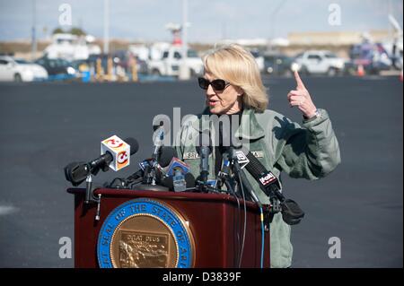 Tucson, Arizona, USA. 12th February 2013.  Gov. JAN BREWER held a press conference about border security at Million Air in Tucson, Ariz. following an aerial tour of the border in National Guard Blackhawk helicopters earlier in the day.  Brewer called for increased border security to protect ranchers living in the border zone in Southern Arizona, and said she would accompany the President on a tour of the border were he so inclined to take one. (Credit Image: Credit:  Will Seberger/ZUMAPRESS.com/Alamy Live News) Stock Photo