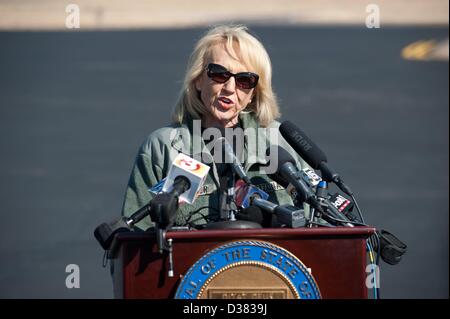 Tucson, Arizona, USA. 12th February 2013.  Gov. JAN BREWER held a press conference about border security at Million Air in Tucson, Ariz. following an aerial tour of the border in National Guard Blackhawk helicopters earlier in the day.  Brewer called for increased border security to protect ranchers living in the border zone in Southern Arizona, and said she would accompany the President on a tour of the border were he so inclined to take one. (Credit Image: Credit:  Will Seberger/ZUMAPRESS.com/Alamy Live News) Stock Photo