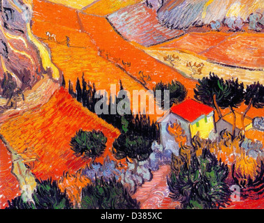 Vincent van Gogh, Landscape with House and Ploughman. 1888. Cloisonnism. Oil on canvas. Place of Creation: France. Stock Photo