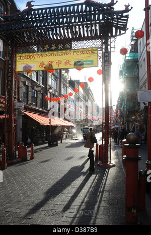 China town in London during the Chinese new year during a typical British rainy day. Stock Photo