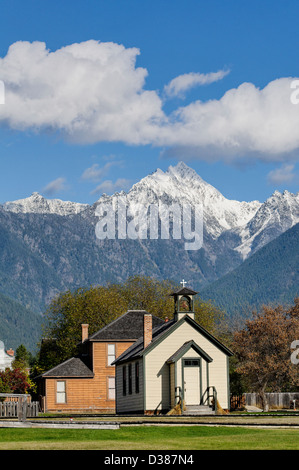 Anglican Church, with Rocky Mountain vista, Fort Steele Heritage Town, Kootenay Region, British Columbia, Canada Stock Photo