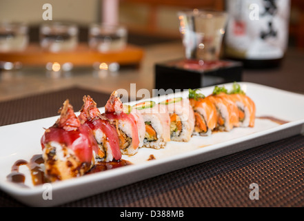 Delicious sushi at a modern Japanese Restaurant. Stock Photo