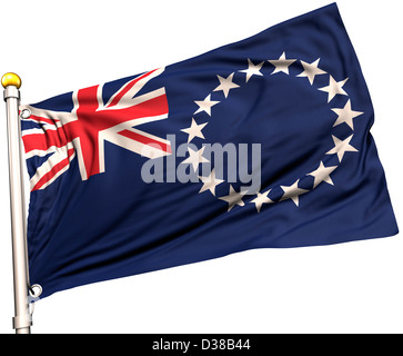 Cook Islands flag on a flag pole. Clipping path included. Silk texture visible on the flag at 100%. Stock Photo