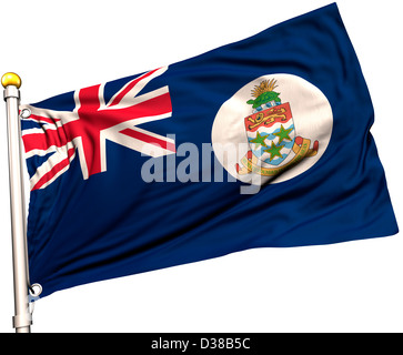 Cayman Islands flag on a flag pole. Clipping path included. Silk texture visible on the flag at 100%. Stock Photo