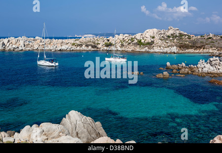 Boats moored in a Lavezzi creek, Corsica, France Stock Photo