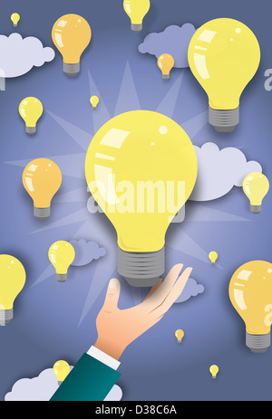 Illustrative image of hand touching lit bulb representing business idea Stock Photo