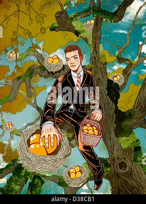 Illustrative concept of man collecting fruits from tree representing business profit