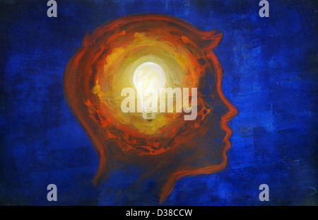 Illustrative image of man with lit bulb in head representing idea Stock Photo