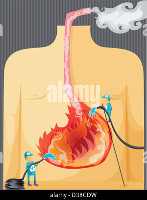 Illustrative image human representations spraying water on structure's stomach depicting spinal problems elderly people acidity Stock Photo