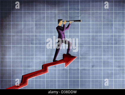 Illustrative image of businessman looking through telescope on arrow representing forecast Stock Photo