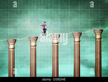Illustrative image of businessman cycling on rope and bar graph representing growth Stock Photo
