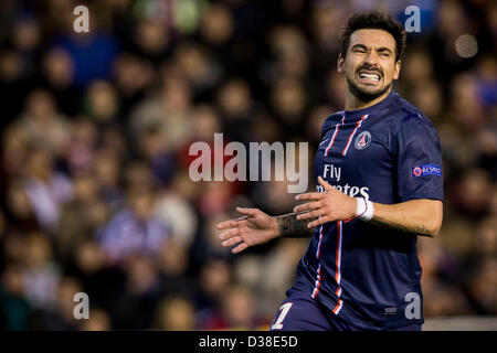 Valencia, Spain. 12th February 2013.  Forward Ezequiel Lavezzi of PSG reacts during the Champions League game between Valencia and Paris Saint Germain from the Mestalla Stadium. Stock Photo