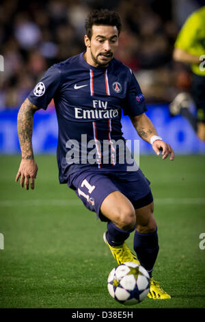 Valencia, Spain. 12th February 2013.   Forward Ezequiel Lavezzi in action during the Champions League game between Valencia and Paris Saint Germain from the Mestalla Stadium. Stock Photo
