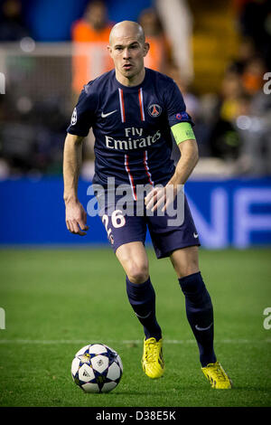 Valencia, Spain. 12th February 2013.  Defender Christophe Jallet in action  during the Champions League game between Valencia and Paris Saint Germain from the Mestalla Stadium. Stock Photo