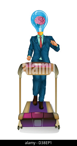 Illustrative image of businessman with light bulb head running on treadmill over white background Stock Photo