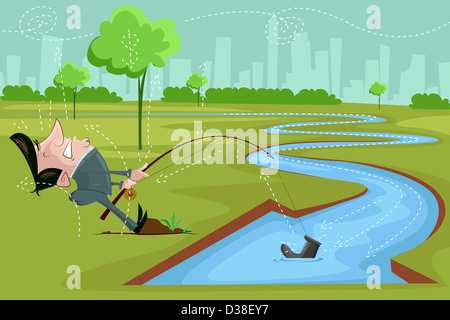 Illustrative image of businessman fishing in stream with downward arrow representing loss Stock Photo