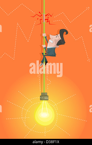 Illustrative image of capitalist climbing cord of light bulb representing risk in investment Stock Photo