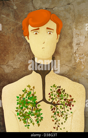 Illustrative concept of man tree growing in chest representing lung cancer Stock Photo